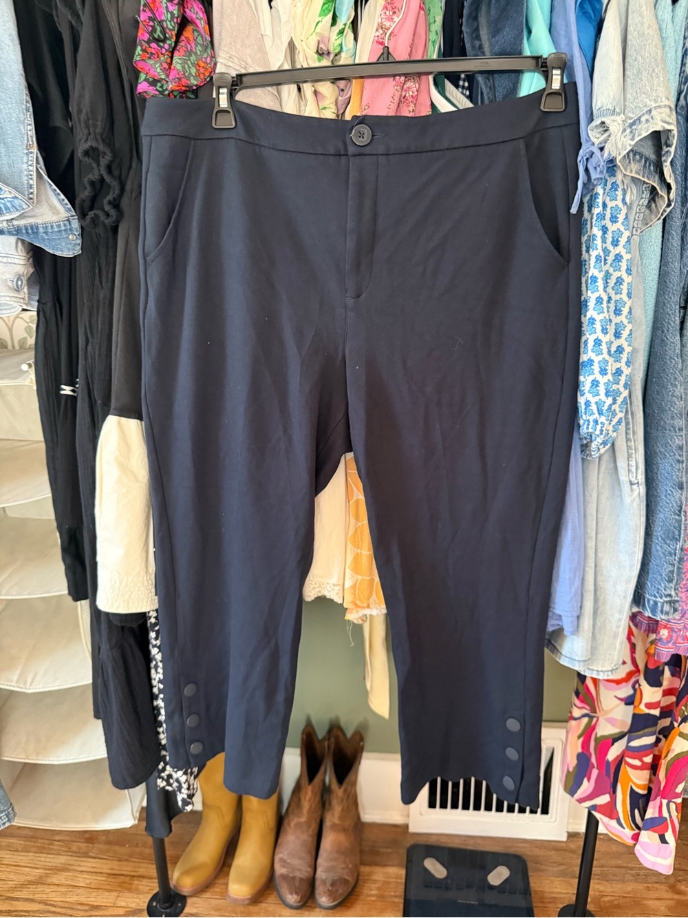 cAbu Navy Blue Crpped Trousers with Button-Cuff Hems